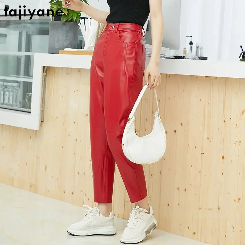 

Tajiyane High Quality Harem Pants Women High Waist Leather Pants Women Sheepskin Small Foot Pants Red Trousers Streetwear Women