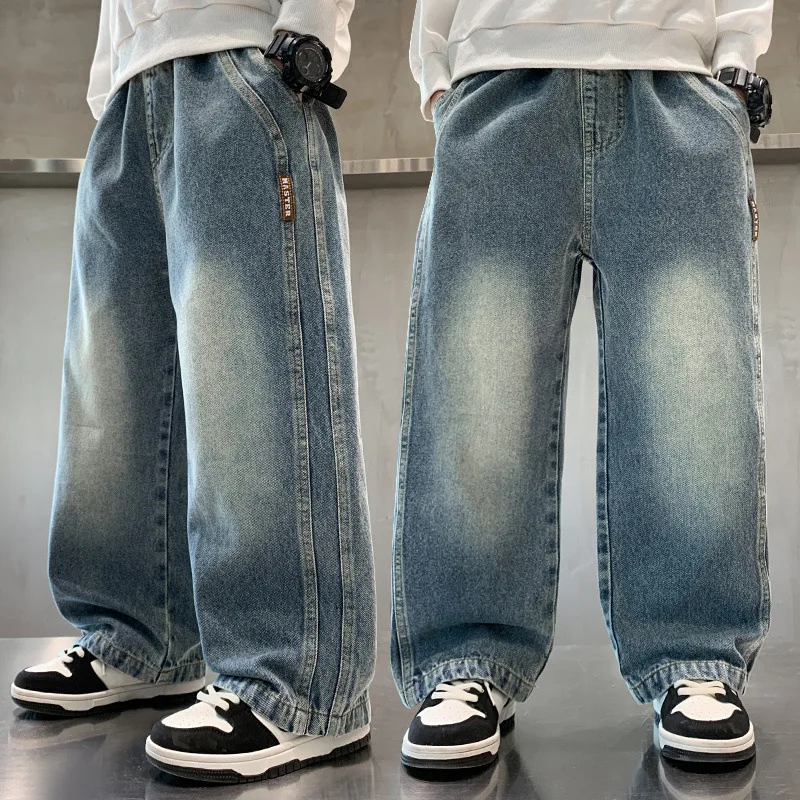 Seitliche Patchwork-Jeans für Jungen, Kinder, Frühling und Herbst, Denim-Hose, Baggy-Hose mit weitem Bein, Kleidung für Teenager, für 120–170 cm