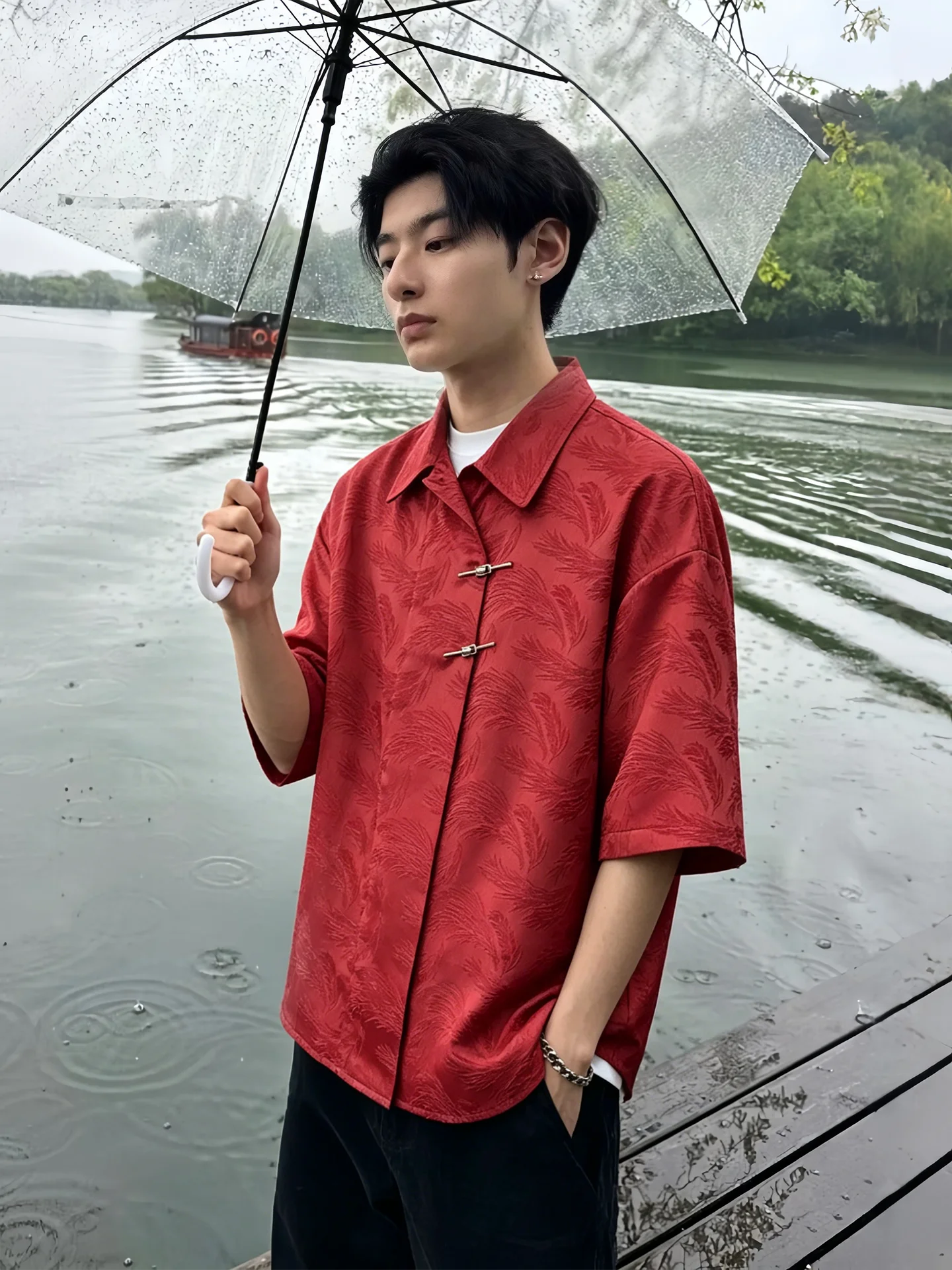 New Chinese Style Red Embroidered Ice Silk Short Sleeve Men's Shirt Summer Wedding Dress Code Design Marriage Ceremony