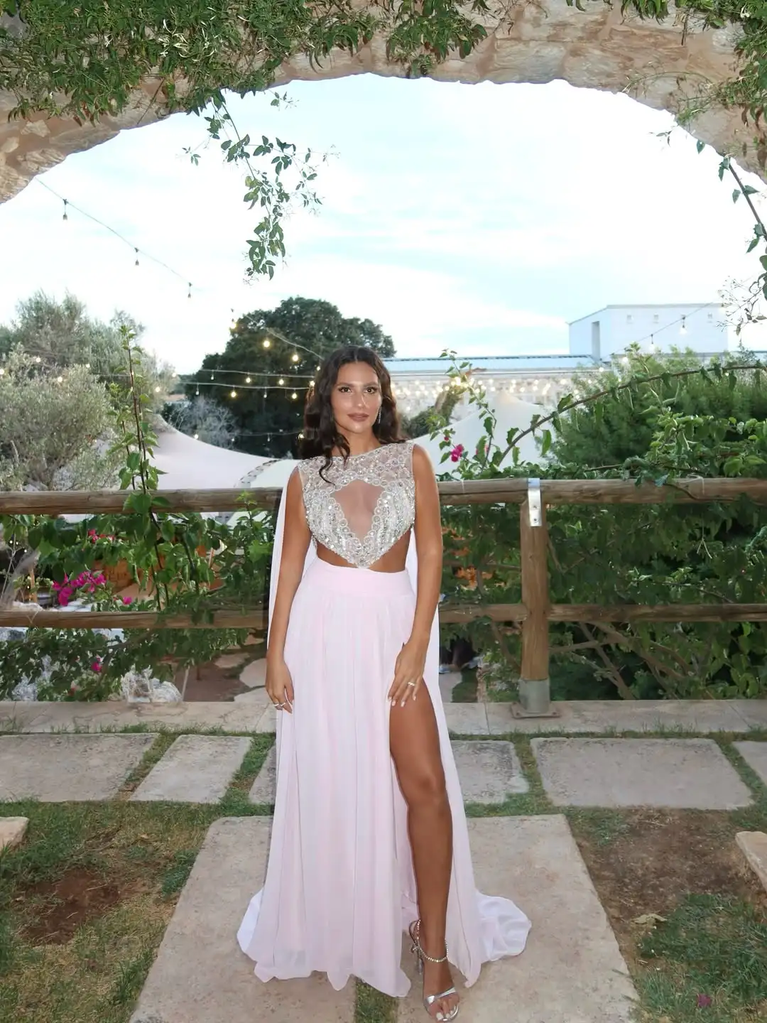 Just You Blush Two Piece Evening Dress Crystal Bodice Keyhole Chiffon High Slit Skirt Custom Formal Party Dress