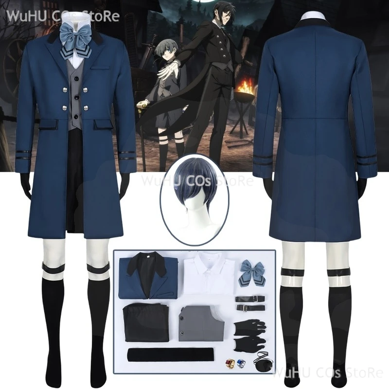 Anime Black Butler Kuroshitsuji Ciel Phantomhive Cosplay Costume Blue Uniforms Wig Halloween Party Women Men Full Set Clothing