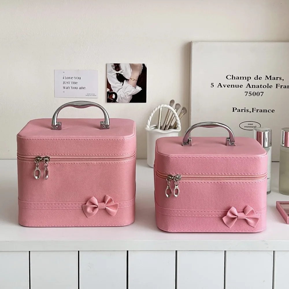 

Pink Bow PU Leather Makeup Bag Alloy Handle Large Capacity Skincare Product Storage Box Multifunctional Waterproof