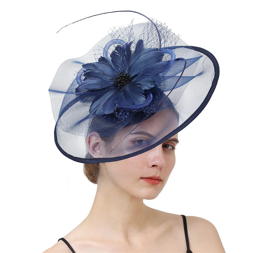 

Navy Cocktail Hat Fascinators Base For Women Wedding Party Headbands French Mesh Veil Hair Hoop Ornaments Bride Feather Hairpins