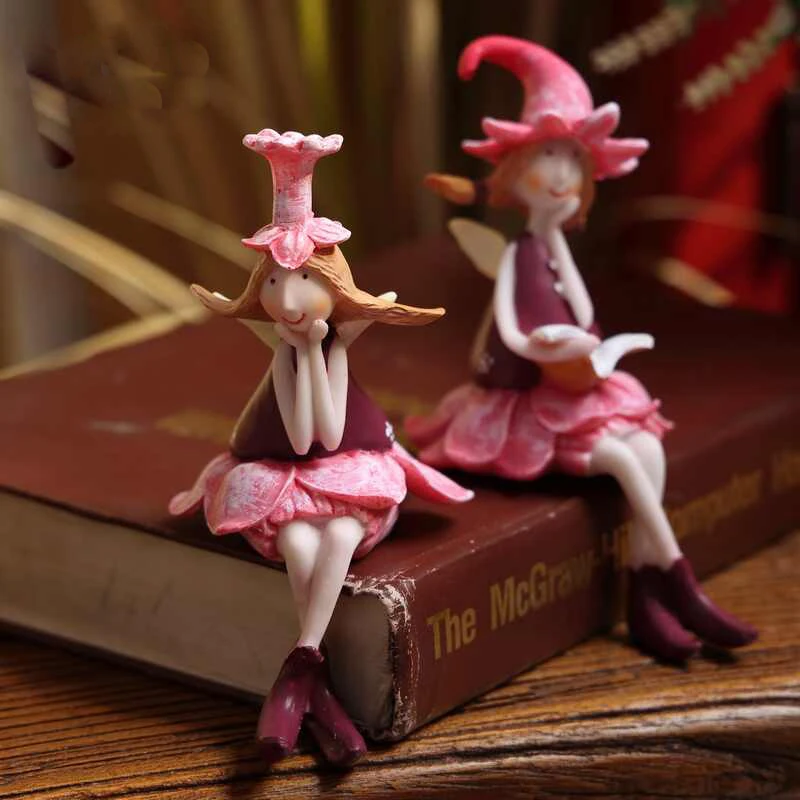 Lovely Flower Hat Fairy Elf Resin Figurine Set, Sitting Angel Doll Desktop Decoration, Creative Table Ornament, Birthday Gift
