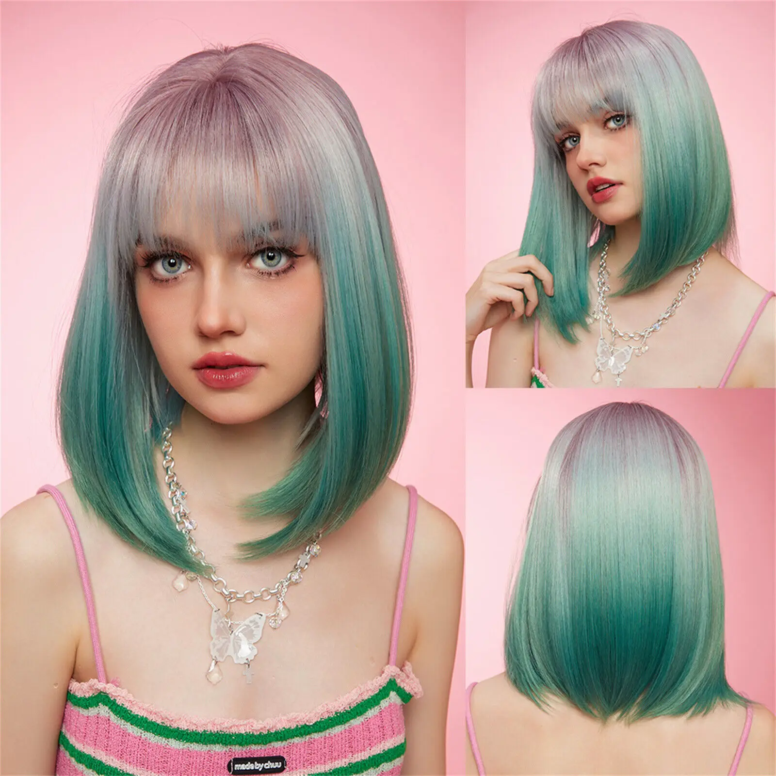 Perucas sintéticas curto BOB com franja, reto, rosa, ombre, verde