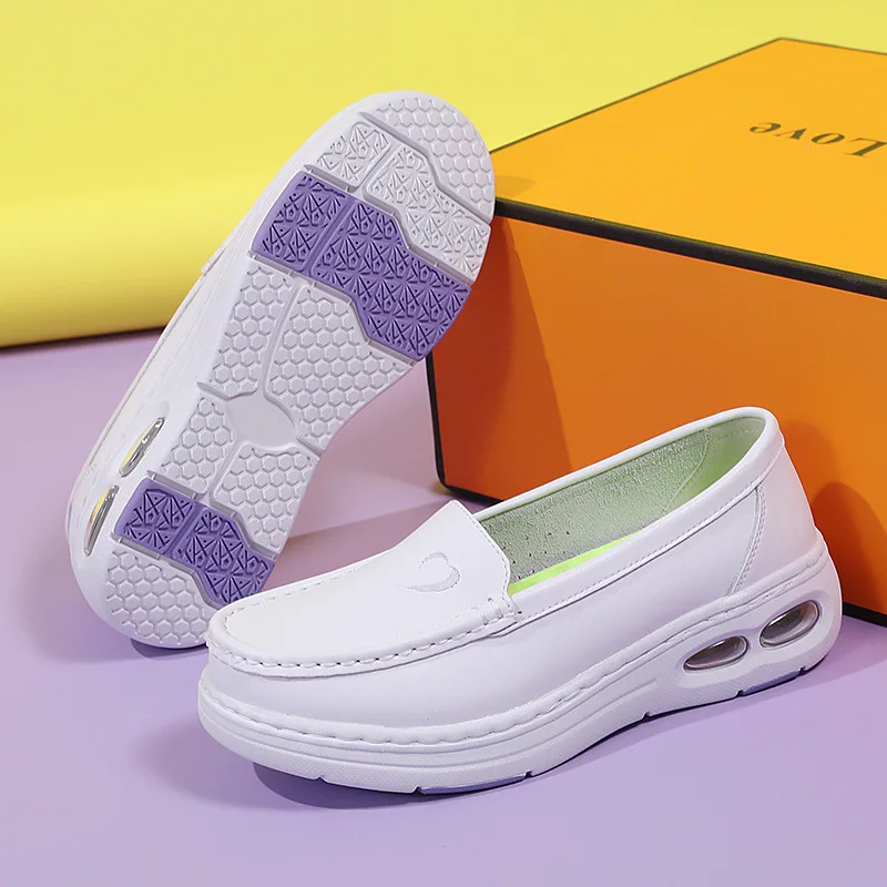 Big size 2024 new hot sell high quality real cow leather soft and comfortable white color lady shoes for nurse and doctor