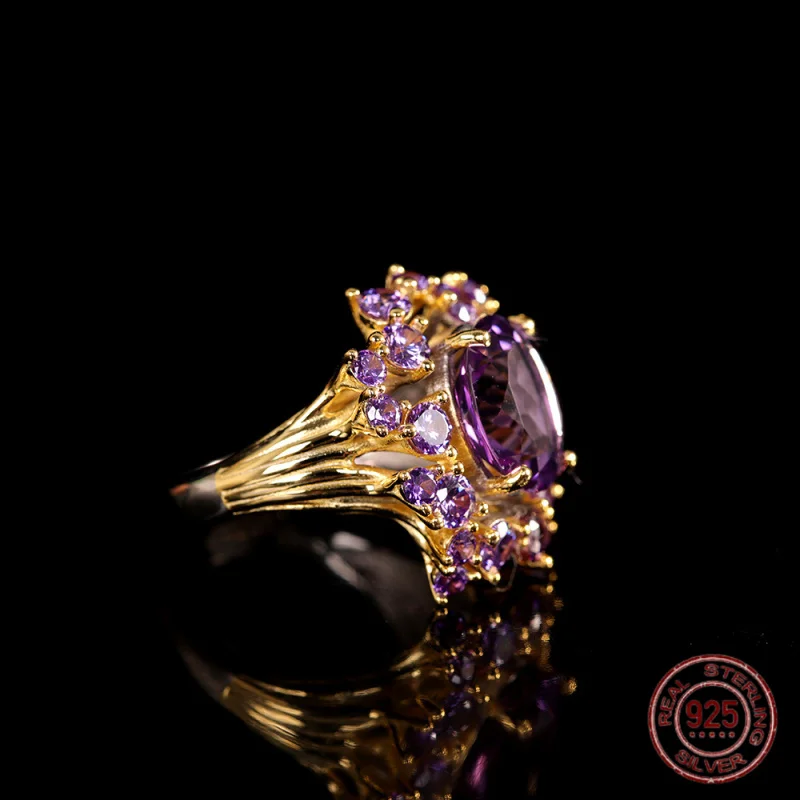 

Fashionable And Luxurious S925 Pure Silver Natural Amethyst Exaggerated Ring Women's Original Design High-end Banquet Jewelry