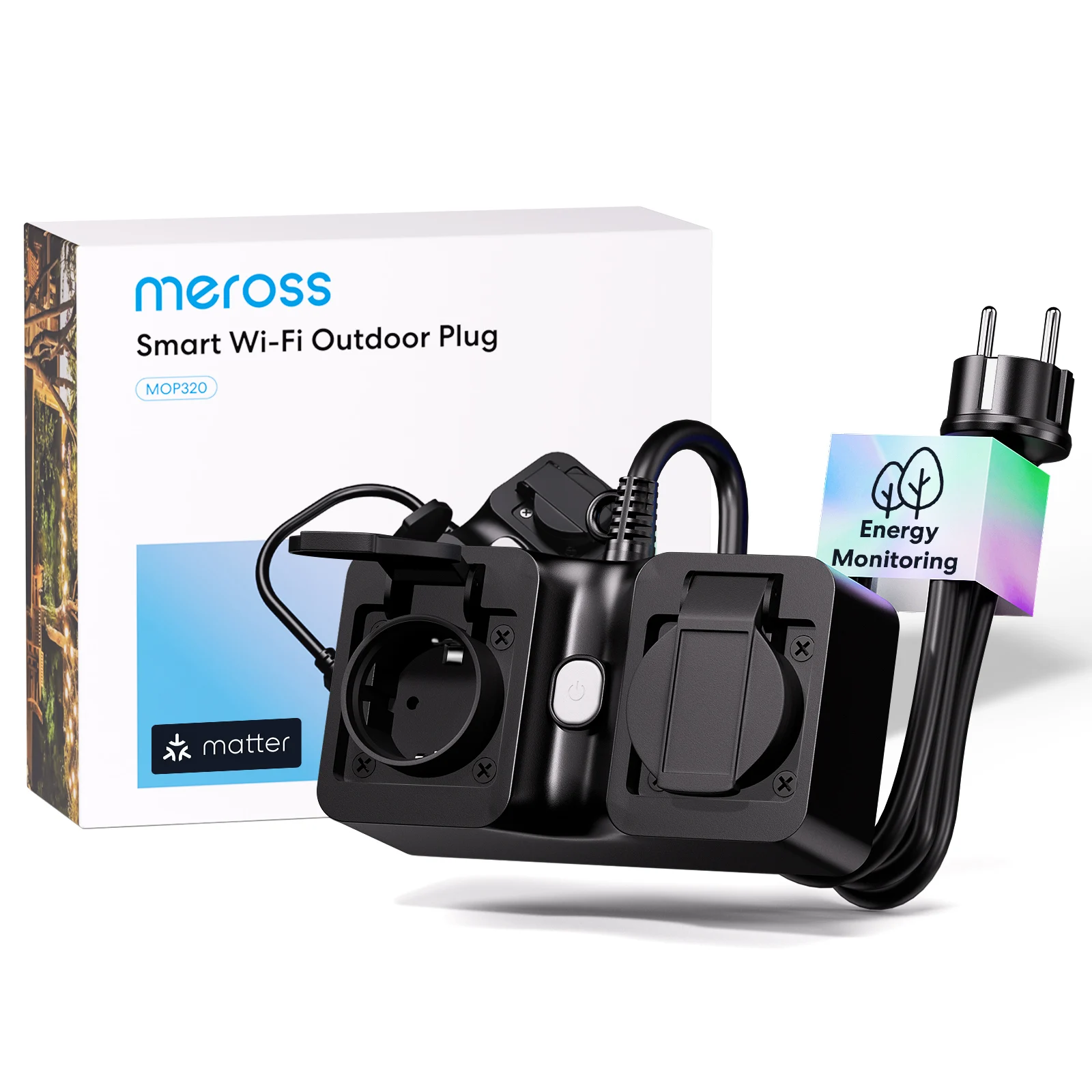 Meross Wifi Eu Matter outdoor waterproof socket Rain plug cover  wireless expansion socket With Power Monitor  IP44 16A