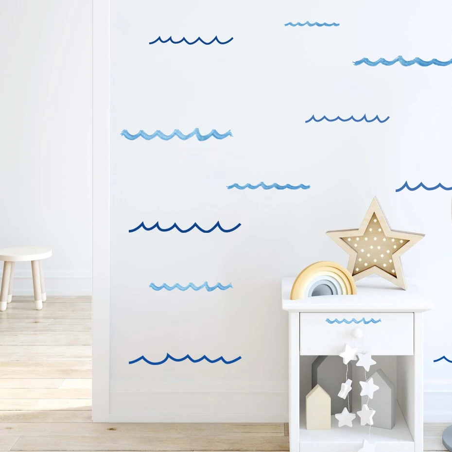 Ocean Waves Drawing Blue Watercolor Nursery Wall Stickers Boys Kids Room Decor Removable Vinyl Wall Decal Mural Home Decoration