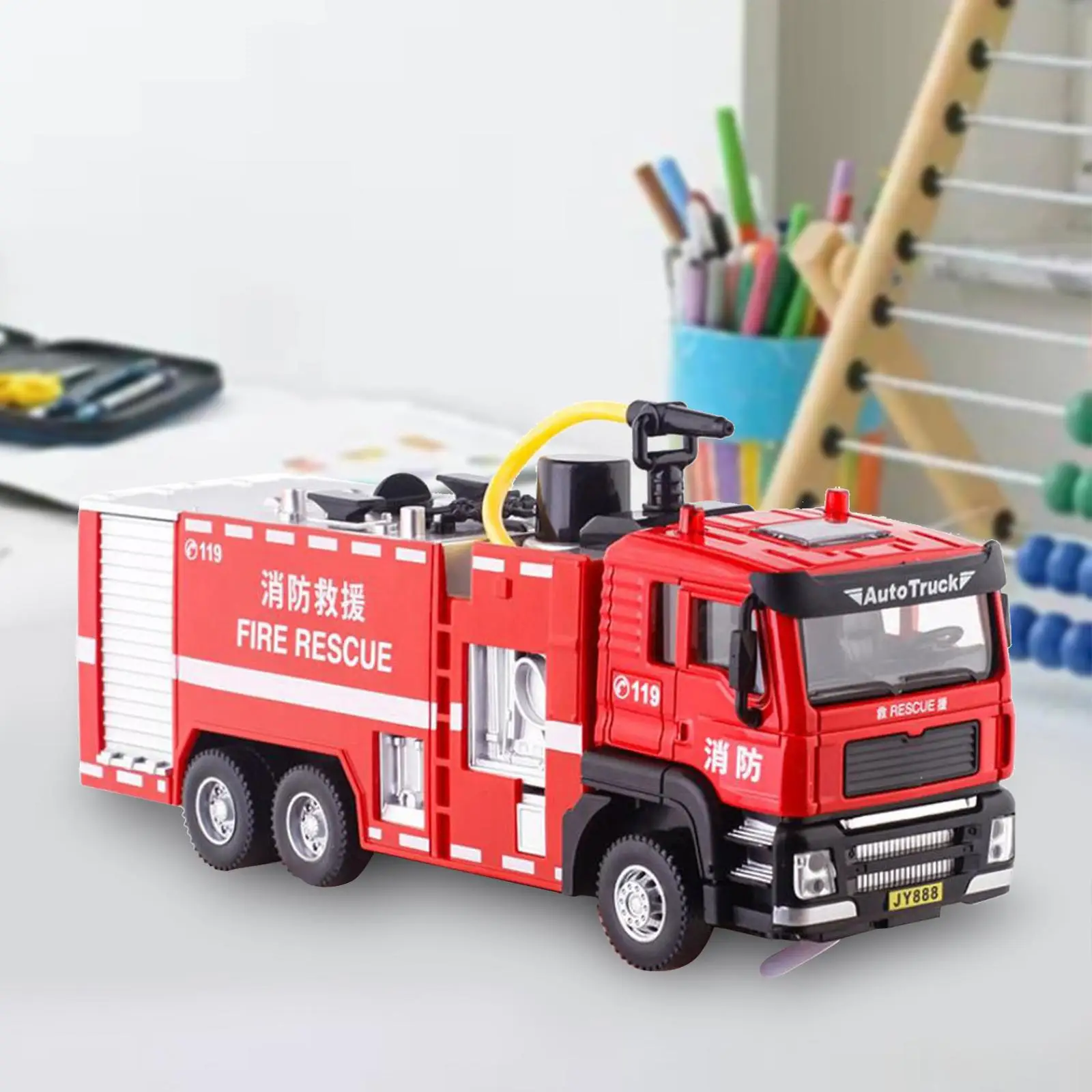 Modelo de camión de bomberos a escala 1/32, vehículo accionado por fricción, decoración del hogar portátil