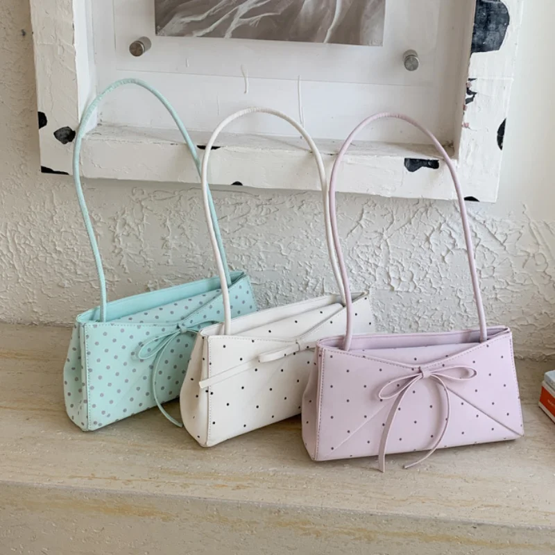 

Korean Fashion Polka Dot Bow Decor Shoulder Bag Macaron Colors Simple Commuter Underarm Square Bag Summer Fresh Sweet Handbag