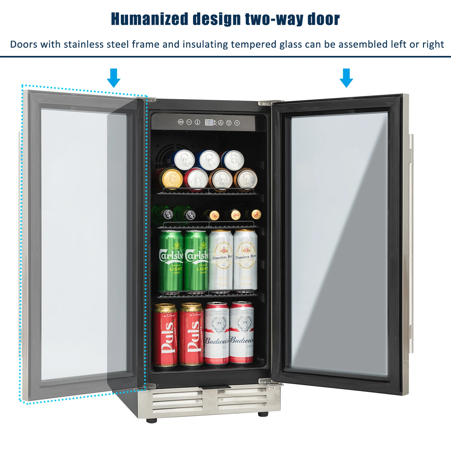 Mini refrigerador para bebidas/gabinete para vino incorporado y independiente de 15", 120 latas, 37-65 ° F, silencioso, estantes ajustables, iluminación LED