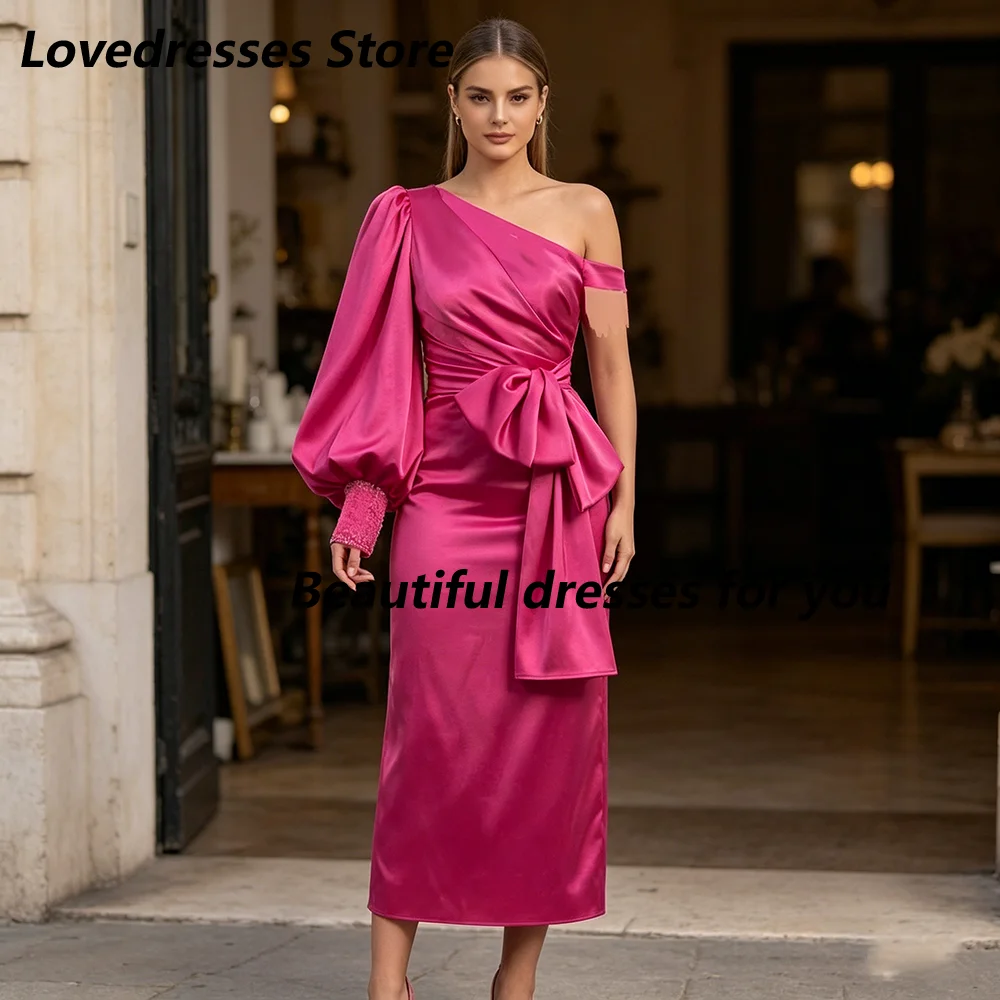 Fuchsia Prom Dress Customized One Shoulder Long Sleeves Beading Tea Length Evening Gown Fashion Bow Pleat Straight Party Dresses