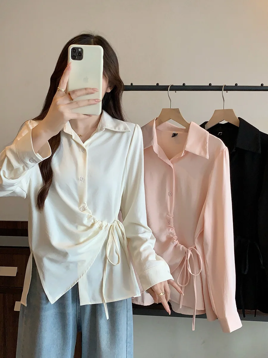 

Ele Long Sve irt Women's Waist-Cinching Faionable Spring Apparel plus Size Young-looking Top for Teens