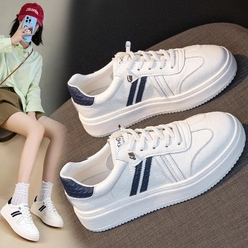 

Genuine Leather Two Stripe Platform White Sneakers For Women 2026 Spring New Contrast Color Heel Collar Lace Up Round Toe Fashio