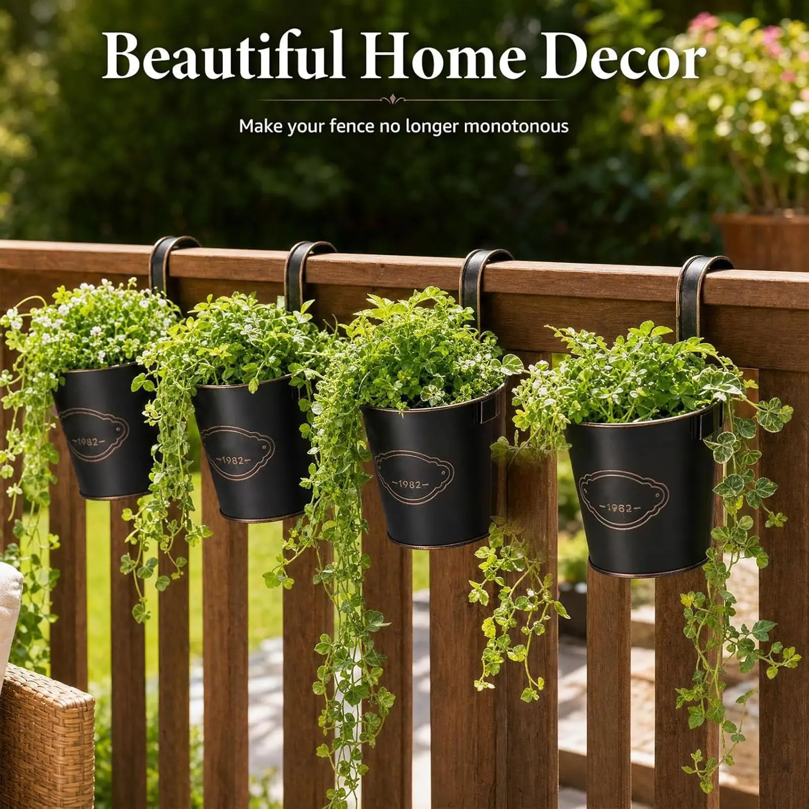 Fence Planters 4 Pieces Metal Plant Holder with Detachable Hook Fence Flower Pot Hangers for Patio Yard Garden Fence Home Wall