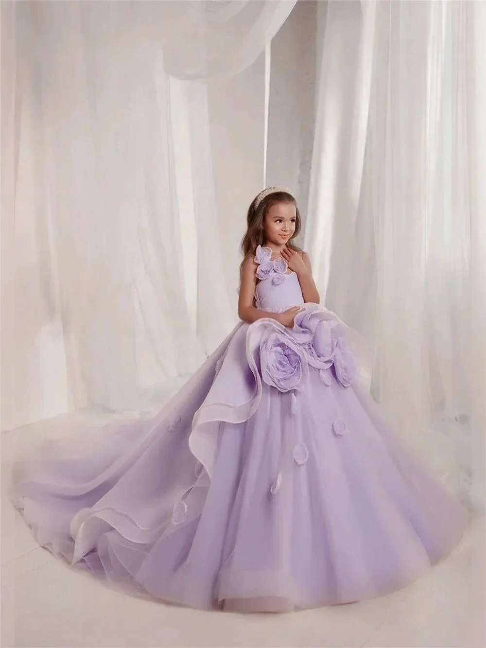 فاخر الأزهار يزين الأميرة الكرة ثوب مع قطار للفتيات زهرة فتاة فستان الزفاف فستان حفلة عيد ميلاد أداء البيانو #5