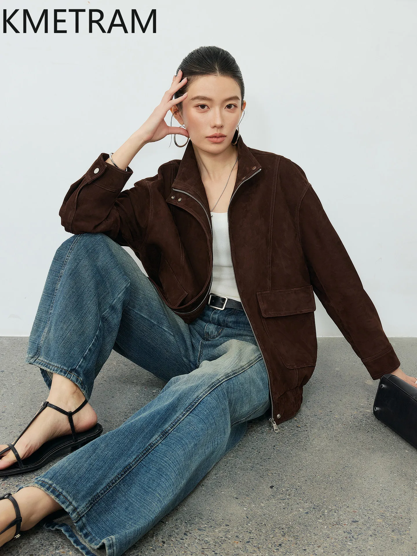 KMETRAM Real Top-Grain Cowhide Suede Leather Jacket Woman Old Money Style Mid-Length Coat High Quality Autumn Women Clothes 2026