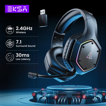 EKSA 2.4GHz 무선 헤드폰 E1000 WT 7.1 서라운드 유선 게임용 헤드셋 게이머 PC/PS4/PS5/X박스용 ENC 마이크 저 지연