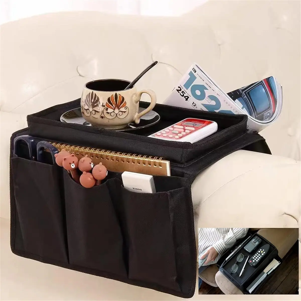 2026 Trend Sofa with Cup Holder No-Slip Couch Sofa Armrest Organiser Couch Remote Control Holder (Black)