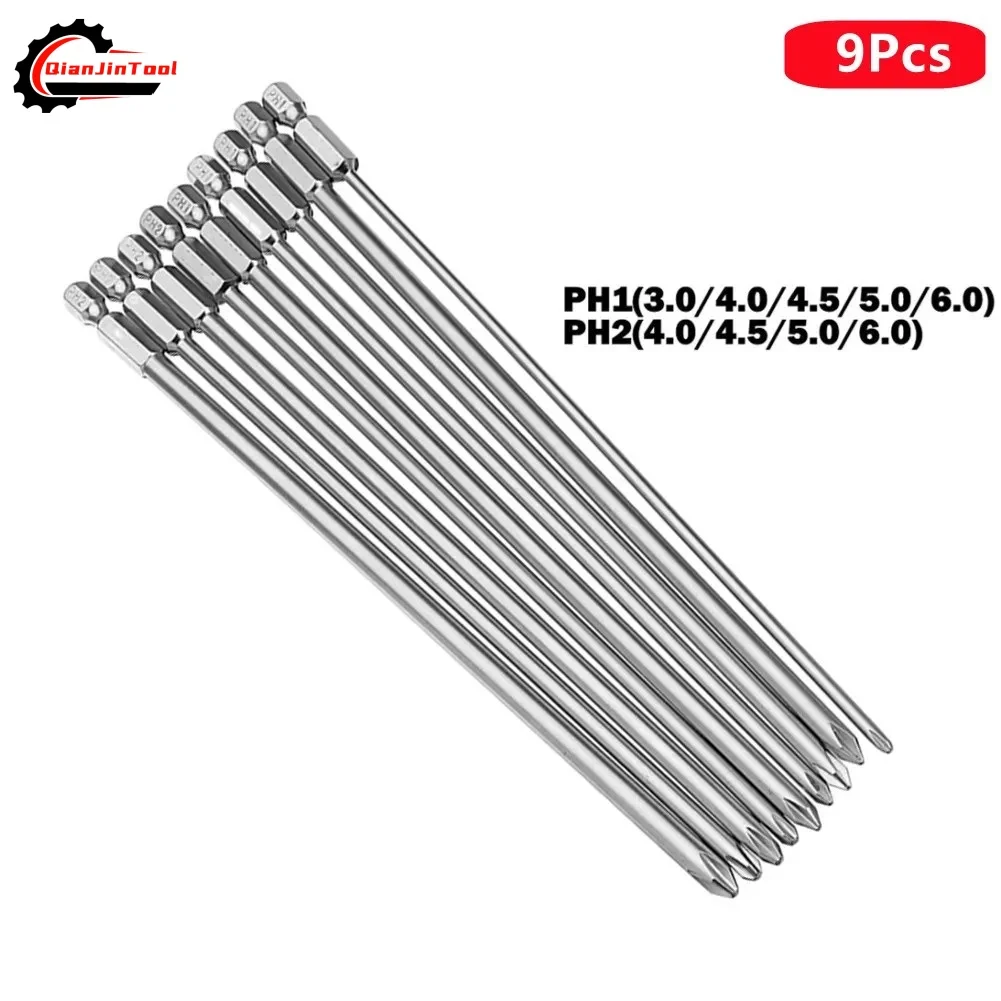 9-teiliger Phillips-Schraubendreher-Bit-Satz 1/4'' Sechskantschaft Kreuzkopf Windbohrer 200mm Schraubenschlüssel Magnetische Steckschlüssel PH1 PH2 4.0 4.5 5.0 6.0