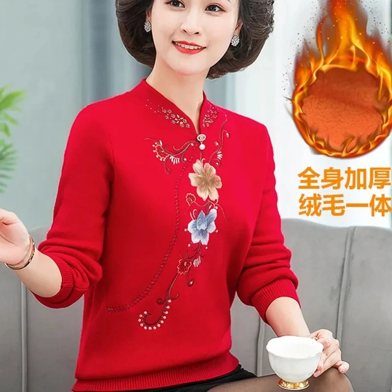 Middle Aged Women's Sweater Pullover Autumn Winter New Fashion Embroidered Long Sleeved Knitted Sweater Female Jumper Tops 4XL