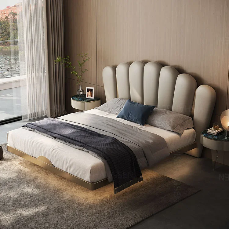 

-French Cream Style Double Bed Modern Simple Girl Petal Bed Girl Leather Princess Bed