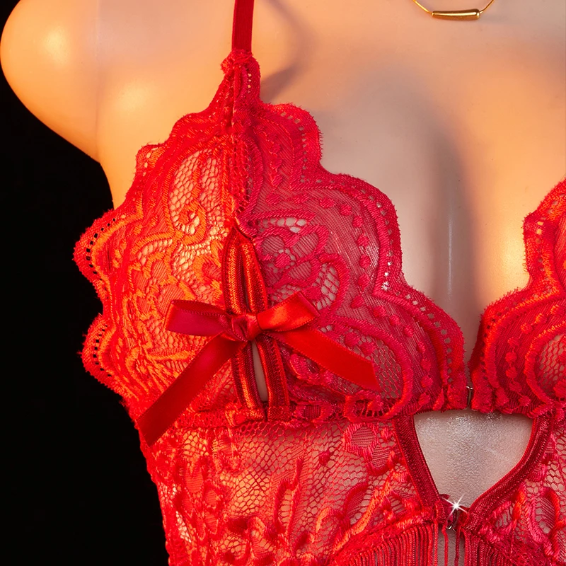 Transparent Lace Women Red Strap Tassel Skirt Nightgown Thong Set Underwear Deep V Bow Bra Sexy Lingerie view 2