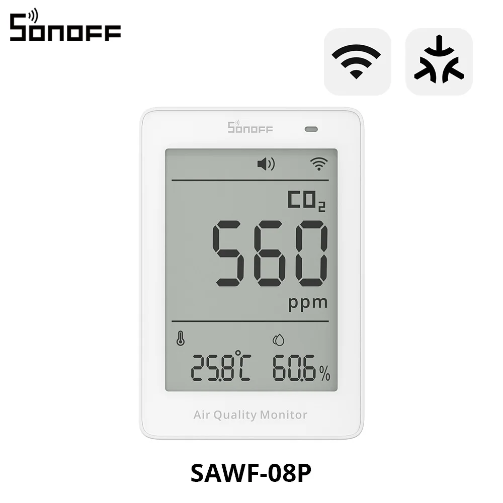 SONOFF AirGuard CO2 Kwestie over WiFi Luchtkwaliteitsmonitor SAWF-08P Temperatuur-vochtigheidsmeter Geluids- en lichtalarm Historische gegevens