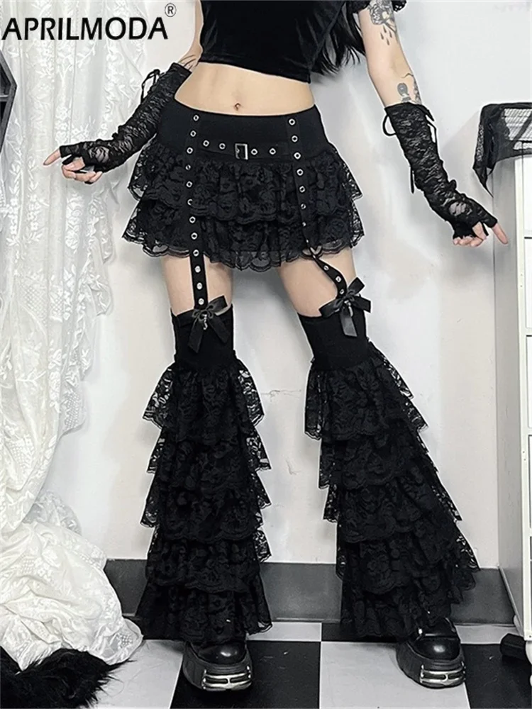 Nero Sexy Lace Emo Vintage Kpop gonna Ruffle 2024 Gothic Y2K Kawaii Lolita Cake minigonna Harajuku gonna Set