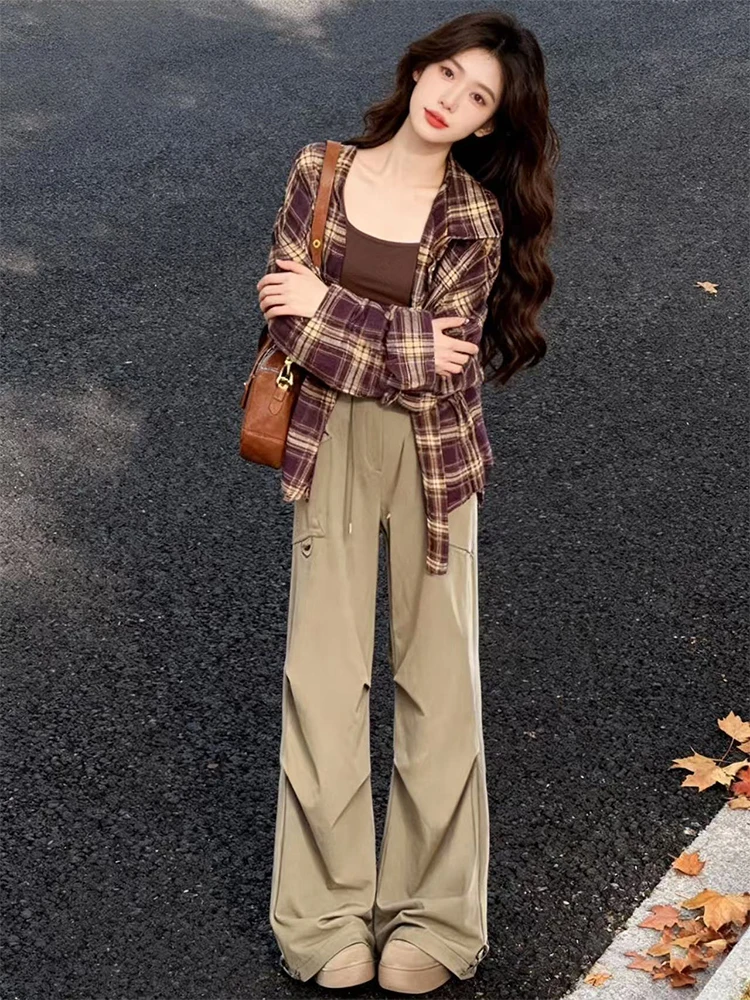 

American Retro Plaid irt Loose Casual Inner Wear Tank Top And Work Pants Two Piece Set Women's Faion Spring Autumn Winter