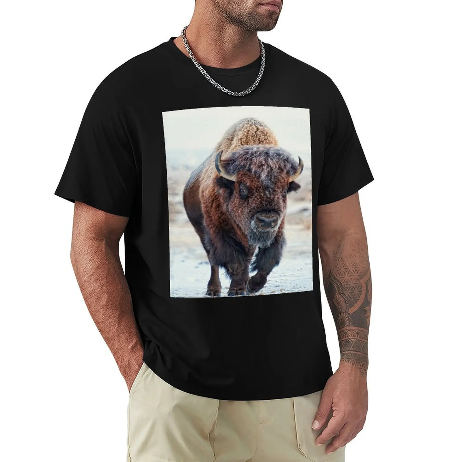 

A snow-covered American Bison Roams Yellowstone National Park T-Shirt Basic Casual Wear Short Sleeve Top
