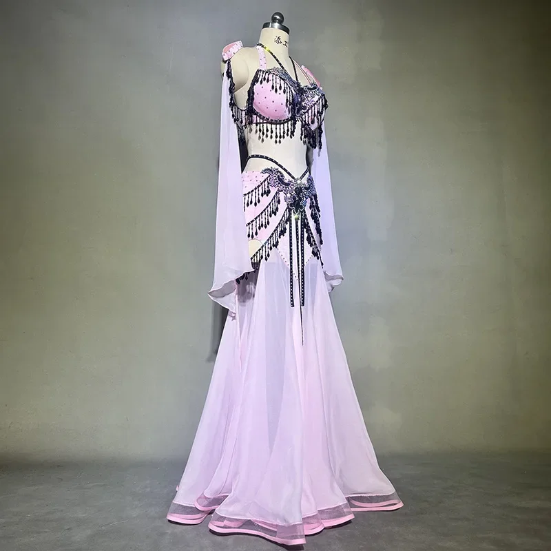 

Шифоновый комплект для выступлений с кисточками для танцовщицы живота для взрослых, индивидуальные костюмы для профессиональных соревнований по восточному танцам с рукавами