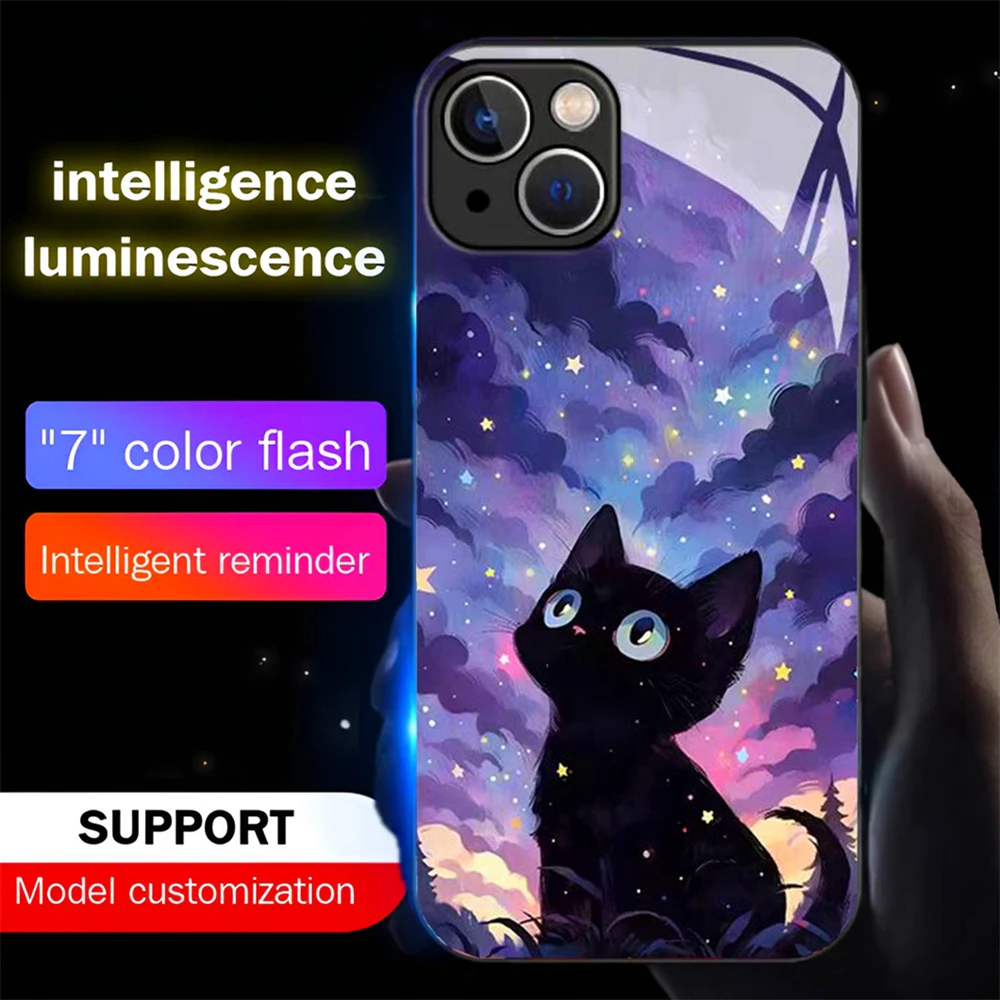 

Black Cat Oil Painting Smart LED Light Glow Tempered Glass Phone Case For iPhone 16 E 15 14 13 12 11 Pro Max X XR XS Plus SE2020