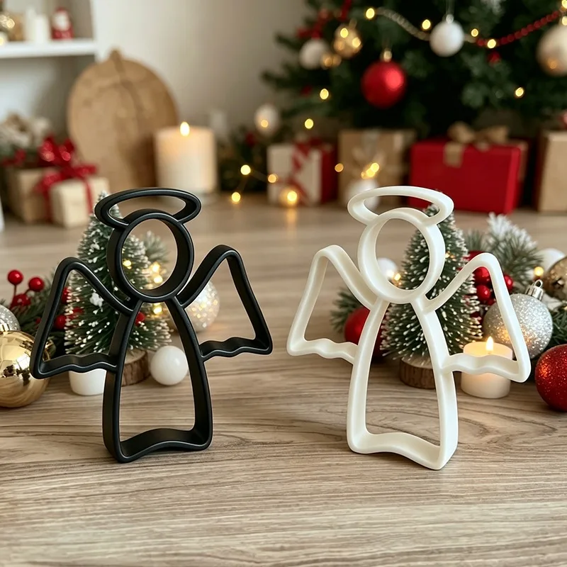 Minimalist Hollow 3D Printed Angel Statue Ornament White Outline Line‑Art Angel Figurine Cute Desktop Shelf Decor