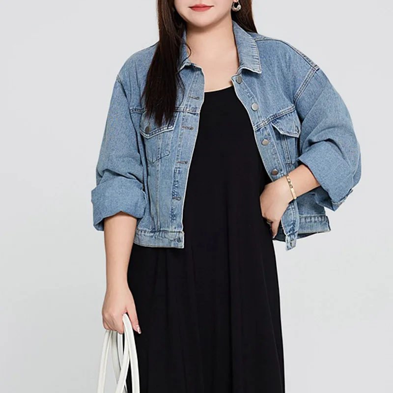 

Light Blue Loose Denim Coat for Women, Single Breasted Jean, Short Jacket, Preppy Style, Plus Size, Good Quality, Autumn, 2024