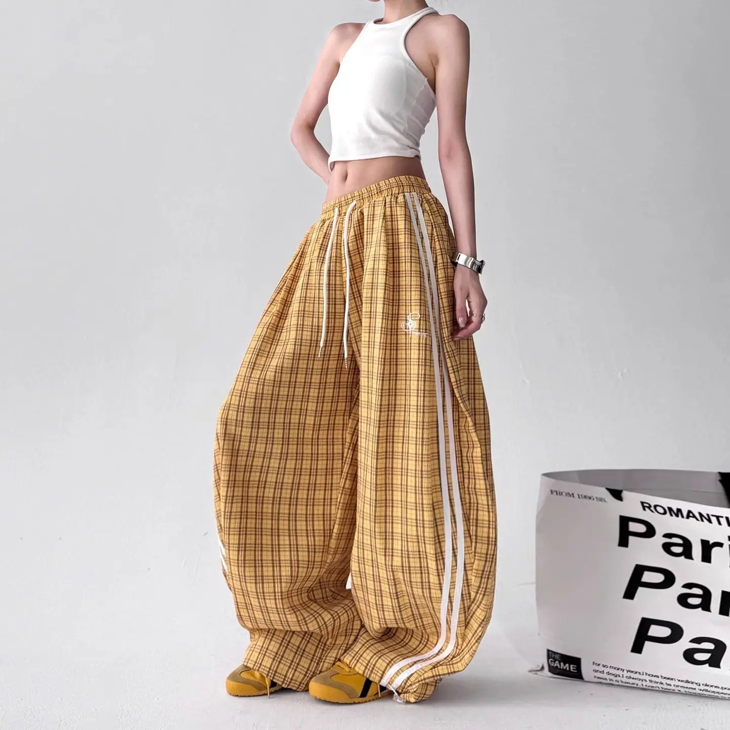 Vintage Striped Splicing Plaid Scimitar Casual  Women's Men's and Women's Lazy Loose Wide Leg Jazz Dance Pants