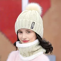 2PCS winter warm knit hat set Winter hat thick plush windproof cold casual warm hat scarf 2