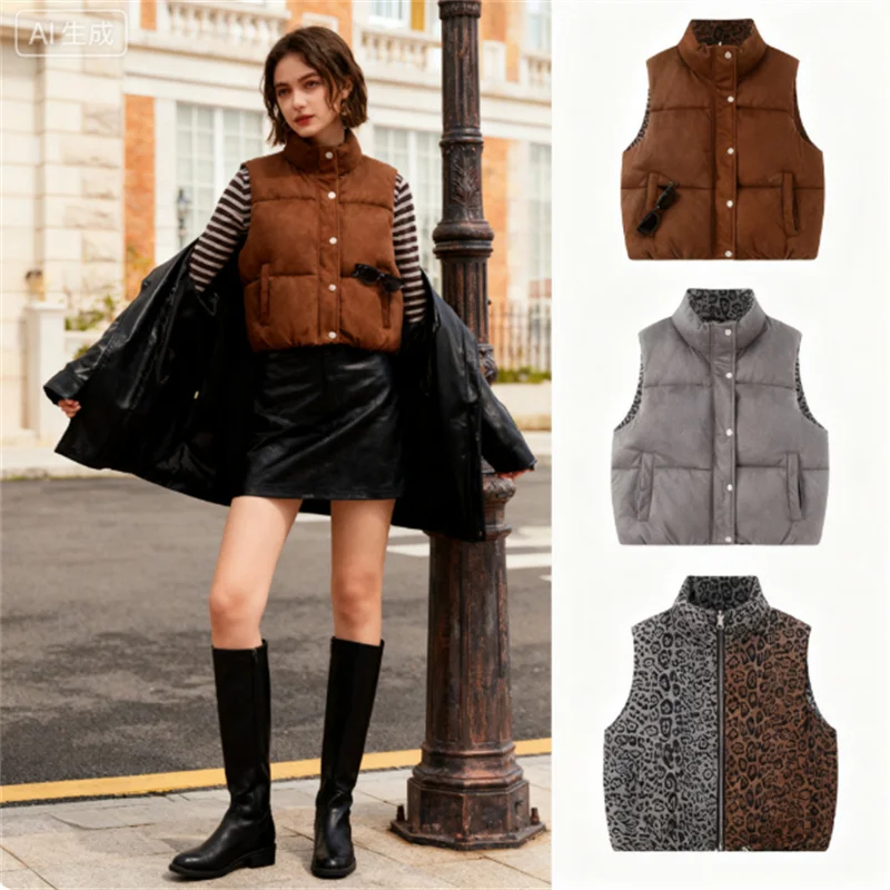 

Осенняя мода 2025 года, модный сексуальный дизайн, двойной хлопковый жилет в стиле ретро с диким леопардовым принтом