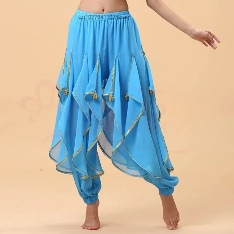 Spettacolo di costumi di danza indiana per adulti, nuovo vestito per la pratica della danza del ventre, pantaloni rotanti con bordo dorato in chiffon per praticare le abilità