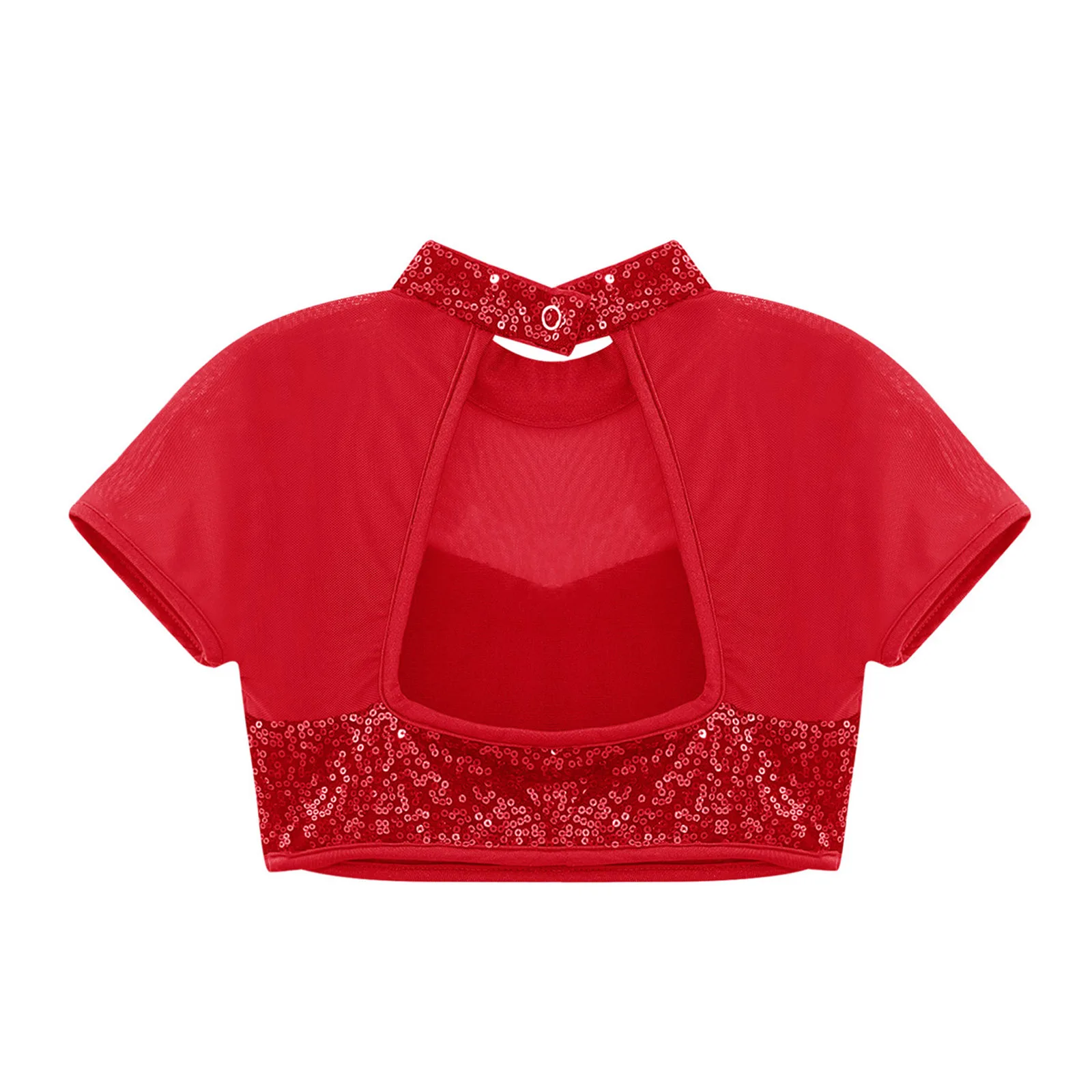 

Kids Girls Shiny Sequins Jazz Dance Tops Short Sleeve Mesh Crop Top Shirt+Skirt Figure Skating Cheerleading Uniform Dancewear