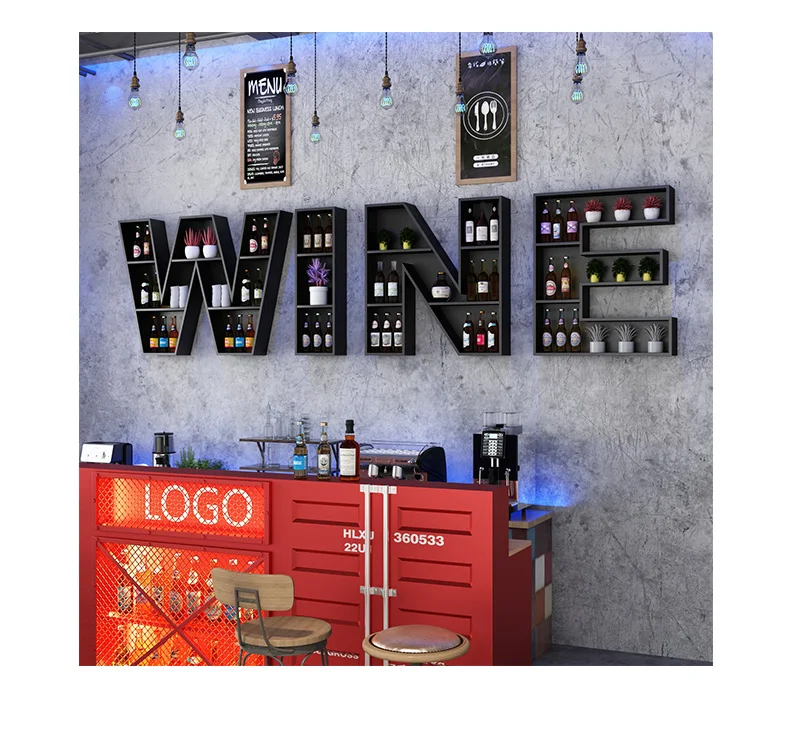 Creative wrought iron bars, bar racks, letter racks, luminous decorative racks on the wall of restaurants, bar beer cabinets.