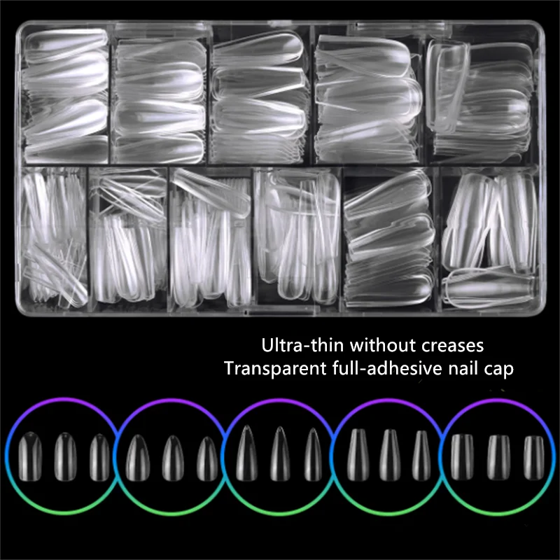 

Ультратонкие бесшовные шапочки для ногтей, 500 шт./кор., прозрачные клейкие полоски для накладных ногтей, прозрачный готовый продукт для маникюрных салонов