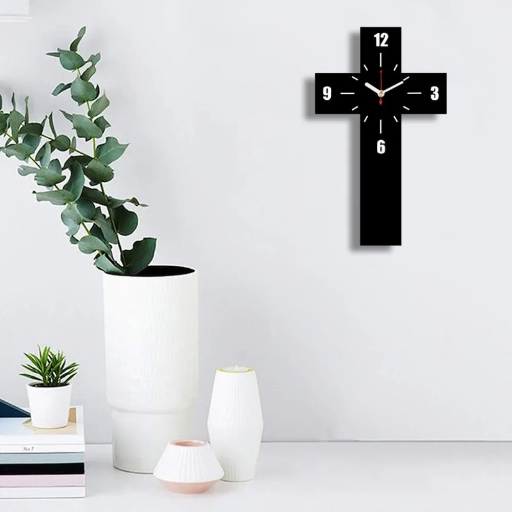 Minimalist Solid Wood Cross Wall Clock Silent Non-ticking Wooden Cross Clock Wall Decor Decorative Quartz Wall Clock Home Office