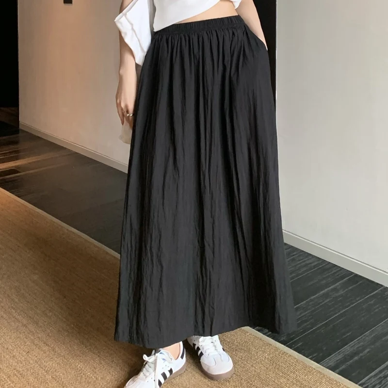 Summer New Solid Color Fashion Elastic Waist A-line Skirt Women High Street Casual Pockets Patchwork High Waist Female Clothing