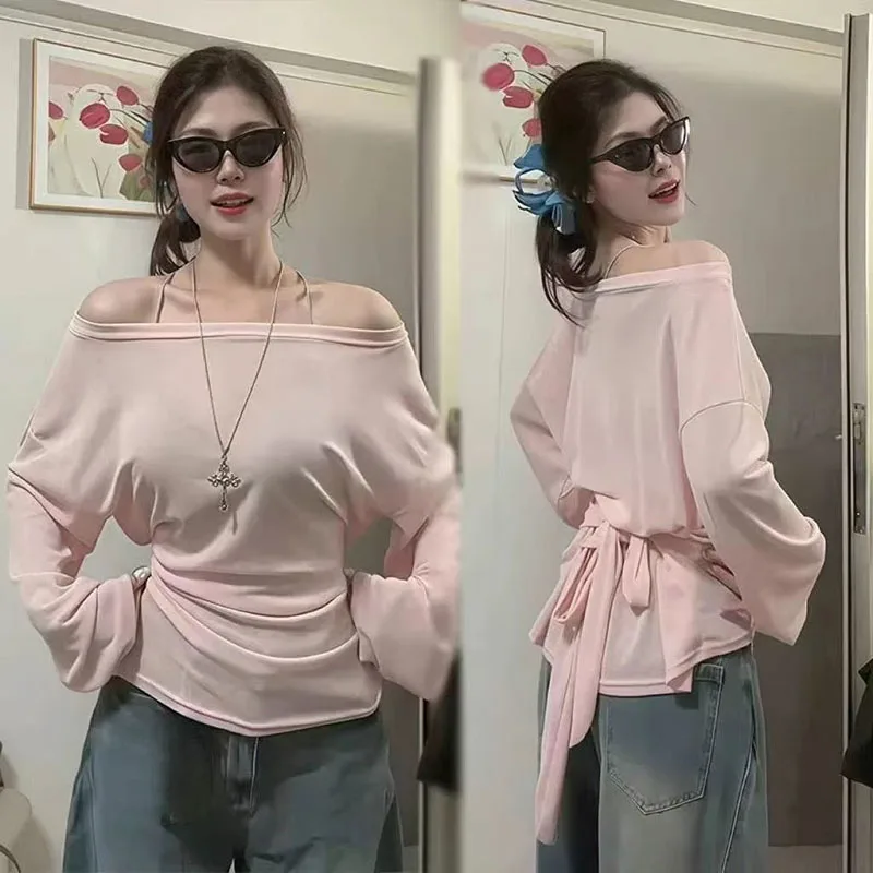 Korean Long Sleeve Oversize T Shirt Women Elegant Off Shoulder Asymmetrical Thin Basic Long Tees Sexy See Through Sun-Proof Tops