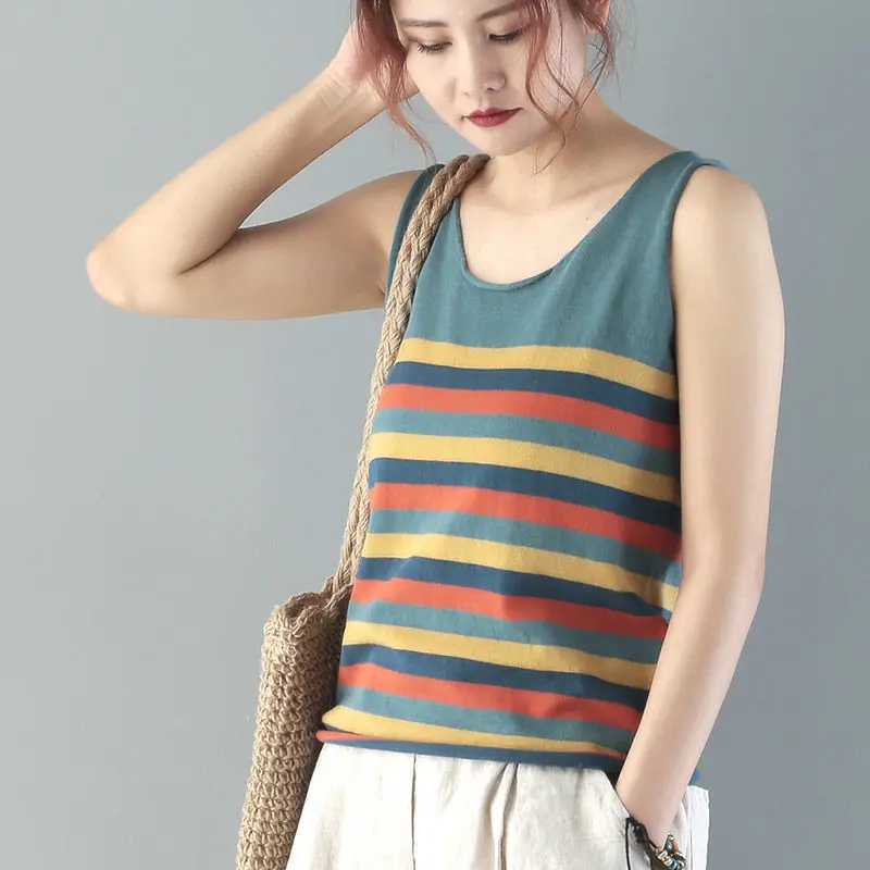 Summer Fashion Korean New Striped Loose Vest Women\'s Round Neck Patchwork Simple Sleeveless Versatile Knitted Shirt Wearing Top