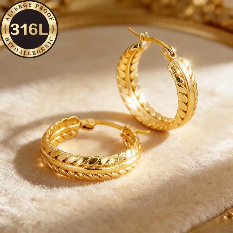 Anti-Allergy 316L Stainless Steel Earrings High Quality Women'S Earrings, Hoop Earrings Wheat Ear Earrings Hypoallergenic 18K Go