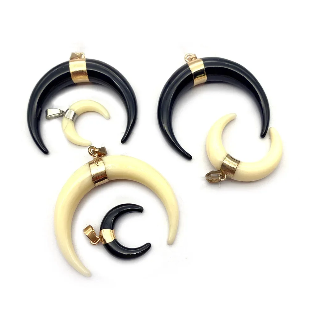 Moon Shape Resin Bull Horn Vintage Pendant Black White Charm DIY Jewelry Fashion Making Necklace Earrings Accessories