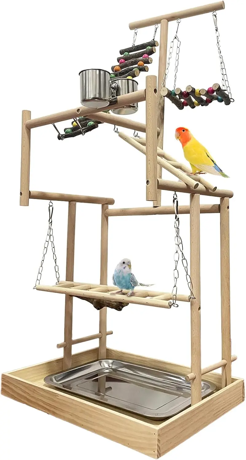 

4-Layer Large Bird Playground 32" H Wooden Perch Gym for Parrots Conures Cockatiels Lovebirds